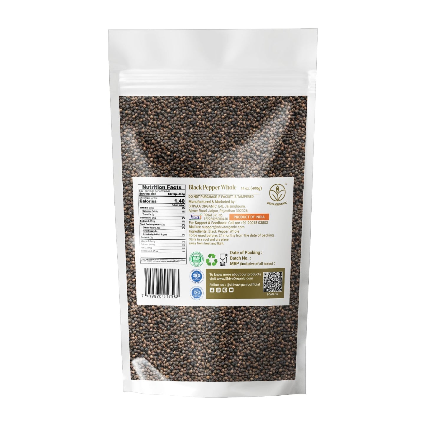 Black Pepper Whole 400g | Shiva Organic